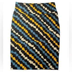 LuLaRoe Cassie Pencil Skirt, knit, aqua/yellow,/black/white, size medium
